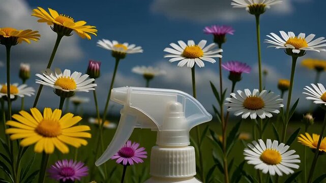 White plastic spray bottle amidst a vibrant field of colorful daisies under a blue sky perfect for themes of gardening plant care and eco-friendly prod
