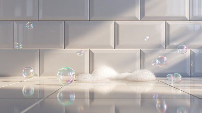 Clean white bathroom tiles with floating soap bubbles, minimalist hygiene background with soft light, fresh atmosphere and modern cleanliness concept
