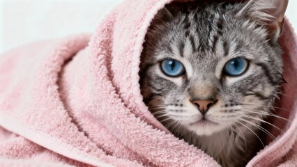 A gray tabby cat with blue eyes wrapped in a pink towel