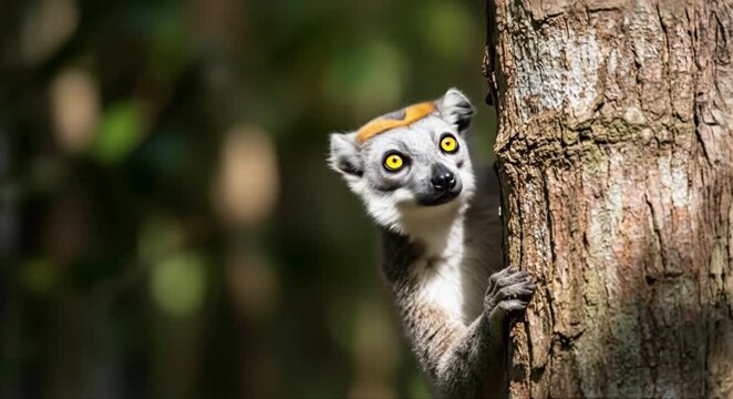 Curious ring-tailed lemur peeking from behind a tree trunk in a lush forest