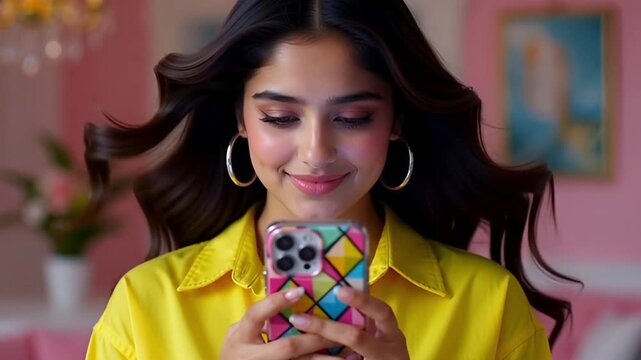 Young woman with long wavy hair wearing a bright yellow shirt and hoop earrings smiling while looking at her smartphone with a colorful patterned case 