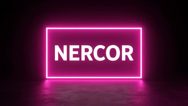 NERCOR text in a vibrant pink neon glowing rectangular frame on a dark background, creating a futuristic and energetic visual effect.