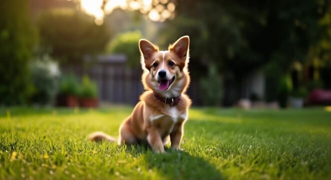 Happy corgi dog sitting in a sunny green backyard, enjoying the outdoors.