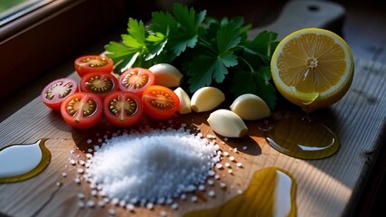 Fresh cooking ingredients including cherry tomatoes garlic parsley lemon salt and olive oil arranged on a wooden board for healthy culinary preparation