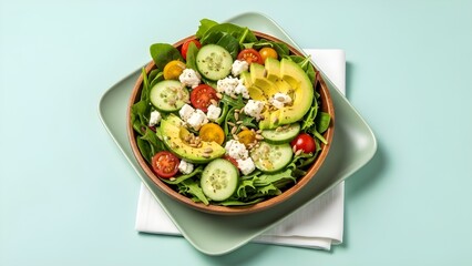 Fresh healthy vegetable salads with feta cheese, avocado, and tomatoes in a bowl, a tasty vegetarian meal or appetizer
