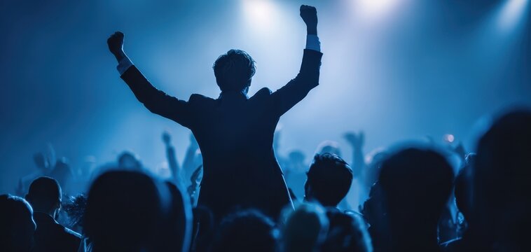 The crowd lifting a silhouetted concertgoer high above cheering fans under blue lights