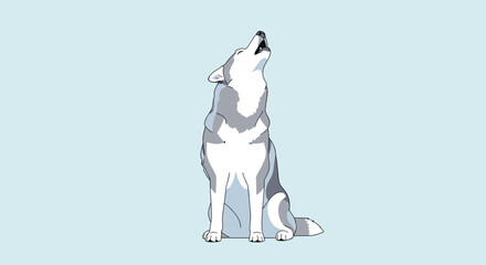 Obraz premium A stylized illustration of a grey and white wolf sitting and howling with its head tilted back against a pale blue background.