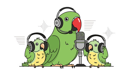 Parrot family podcasting with a microphone and headphones