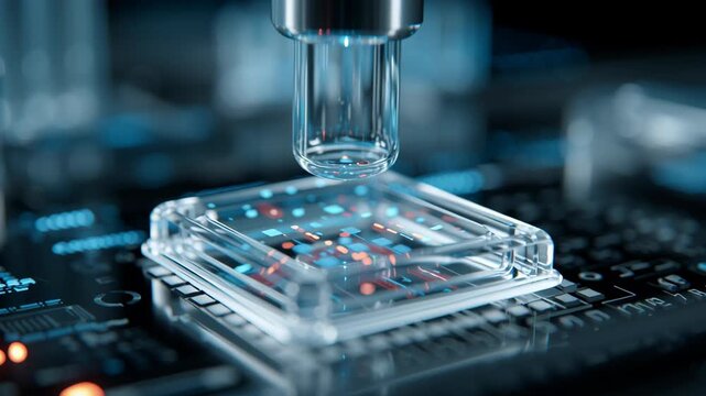 Macro close-up of microfluidic chip under AI monitoring, glowing digital indicators, clean futuristic lab aesthetic, ai biomedical analysis