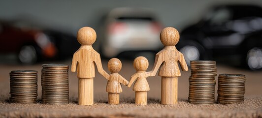 The Wooden Family Figures Standing Between Coin Stacks Representing Financial Security And Car Purchase