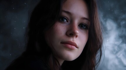Serene young woman with a thoughtful gaze in atmospheric mist and subtle starlight