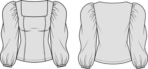 Blouse fashion sketch, square neckline long sleeve top technical illustration, princess seam fittedBlouse fashion sketch, square neckline long sleeve top technical illustration, princess seam fitted © Umme