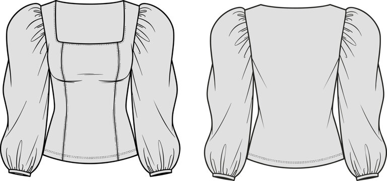 Blouse fashion sketch, square neckline long sleeve top technical illustration, princess seam fittedBlouse fashion sketch, square neckline long sleeve top technical illustration, princess seam fitted