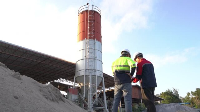 Two engineers inspecting a small concrete batching plant and aggregate piles at sunset. Focus on construction industry, ready-mix business, and small-scale operations. VDO4k