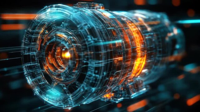 Futuristic, cylindrical machine core with orange and blue glowing elements