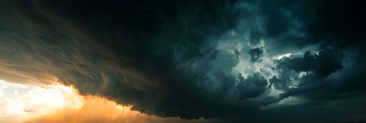 Panoramic view of a dramatic storm front with dark, turbulent clouds and vibrant sunset