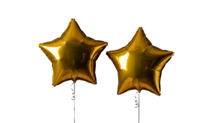 Two golden star shaped balloons floating on sticks isolated on transparent background