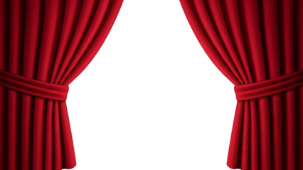 Red velvet curtains open to black stage isolated on transparent background