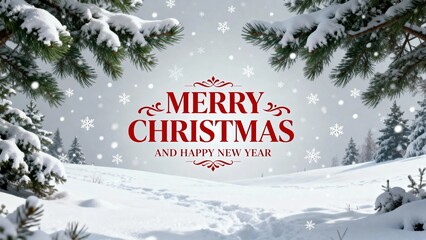 Snowy winter landscape with evergreen trees and festive Christmas greeting text