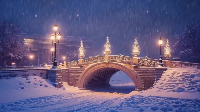  Magical Snow-Covered Stone Bridge at Night During a Blizzard with Dramatic Winter Lighting 4K