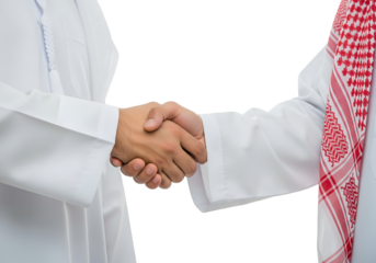 Arab Businessman shaking hands together. Teamwork business partner wear Muslim dress Shake Hands with Partnership on transparent background