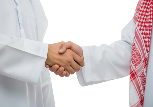 Arab Businessman shaking hands together. Teamwork business partner wear Muslim dress Shake Hands with Partnership on transparent background  - Powered by Adobe