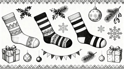 Black and white illustration of Christmas stockings, ornaments, snowflakes, gifts, and holiday decorations