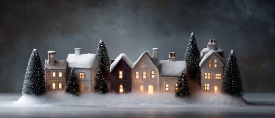 Snowy village scene decorated with Christmas lights and winter charm
