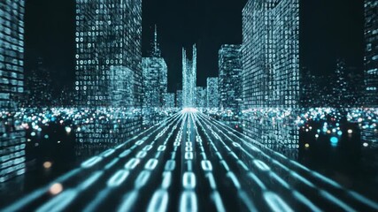 Abstract digital city landscape with binary code flowing on a road toward futuristic buildings in a dark blue environment - Powered by Adobe