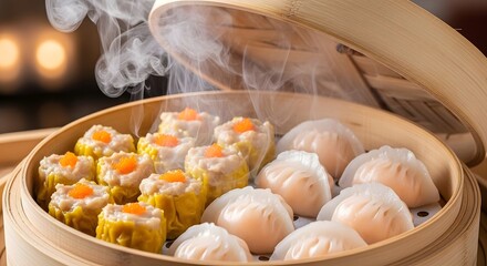 Culinary Display, Dim Sum, Restaurant, Food Photography, Cozy Atmosphere, Close-Up View, Gastronomic Delight