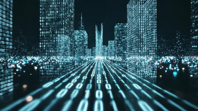 Abstract digital city landscape with binary code flowing on a road toward futuristic buildings in a dark blue environment