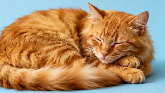 Orange tabby cat sleeping peacefully on a blue background