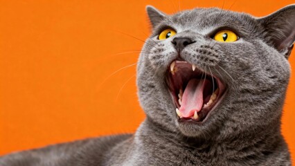 Gray cat with wide-open mouth and yellow eyes against orange background