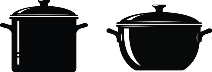 Two black cooking pots in silhouette on transparent background