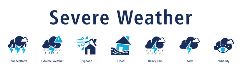 Severe Weather web banner icon vector illustration with icons of Thunderstorm, Extreme Weather, Typhoon, Flood, Heavy Rain, Storm, and Visibility.