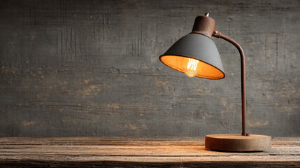 A vintage desk lamp with a warm glowing bulb sits on a rustic wooden table against a textured dark gray wood paneled wall creating a cozy atmosphere.