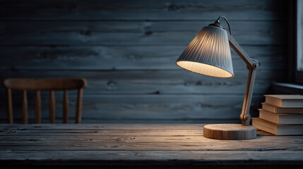An illuminated desk lamp rests upon a rustic wooden table with stacked books beside it, set against a weathered wood wall and chair in muted, atmospheric light.