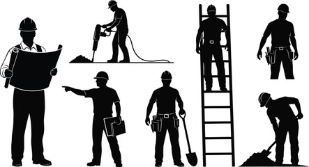 Construction workers in various poses a useful graphic on transparent background silhouette