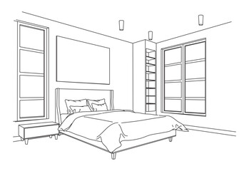 Drawing exterior and bedroom interior architectural lines, Hand drawn line of graphic assembly in architecture and interior design work, Vector illustration, interior of a room, bedroom in a modern