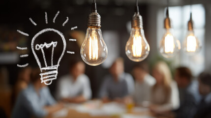 Lightbulbs hang above a blurred group of people at a table, with a hand-drawn lightbulb as a concept for innovation, brainstorming, or creativity at work.