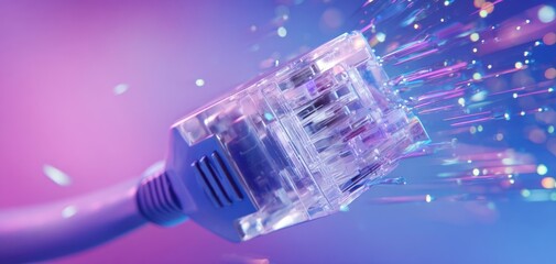 The Ethernet cable connector with glowing fiber optic light trails representing high-speed data