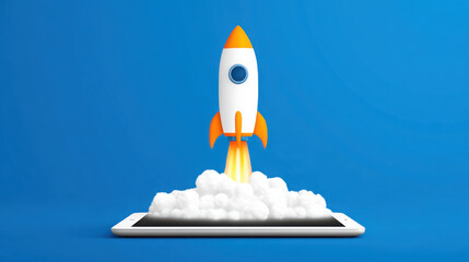A cartoon rocket blasts off from a tablet screen with a vibrant blue background, symbolizing technology, innovation, and a successful startup launch in the digital age.