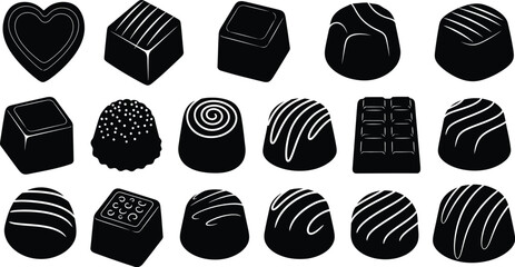 Assorted chocolate candies in black silhouette on transparent background