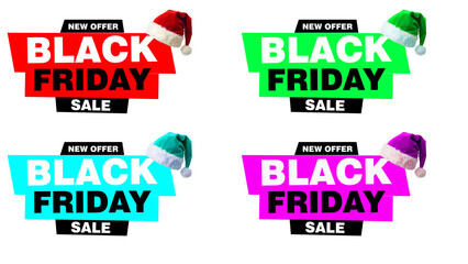 Dynamic collection of colorful retail promotion banners featuring a festive holiday hat, ideal for showcasing significant discounts and annual shopping event offers