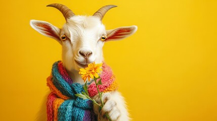 Goat with flower and scarf funny animal photography cute goat portrait on yellow background stock photo 100c