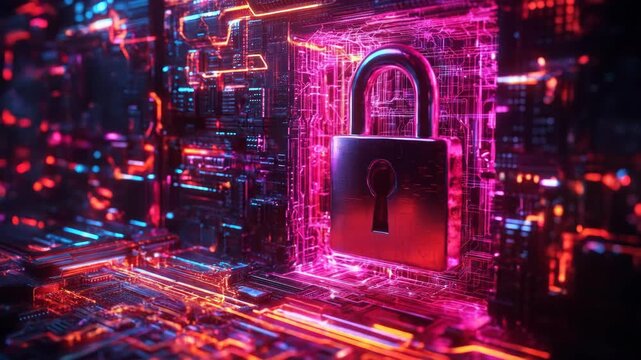 Padlock floats in a circuit matrix. Neon pink/blue glow on edges/elements