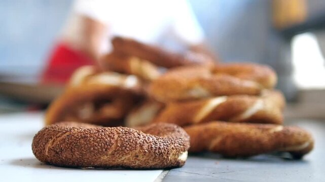 Fresh baked simit begal in a local bakery