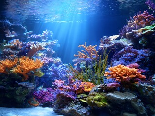 Bright aquatic living area with sunlight reflection patterns and reef design hints