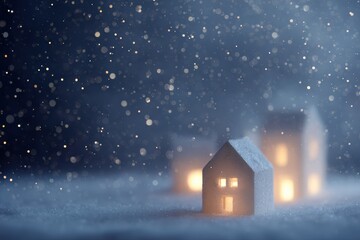 Fototapeta premium Festive winter composition with cozy house, snow, lights, and abstract starry background for seasonal content