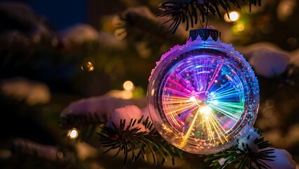 Clear Glass Christmas Ornament Hanging on Snowy Pine Branch with Interior Prism Rainbow Light Effect